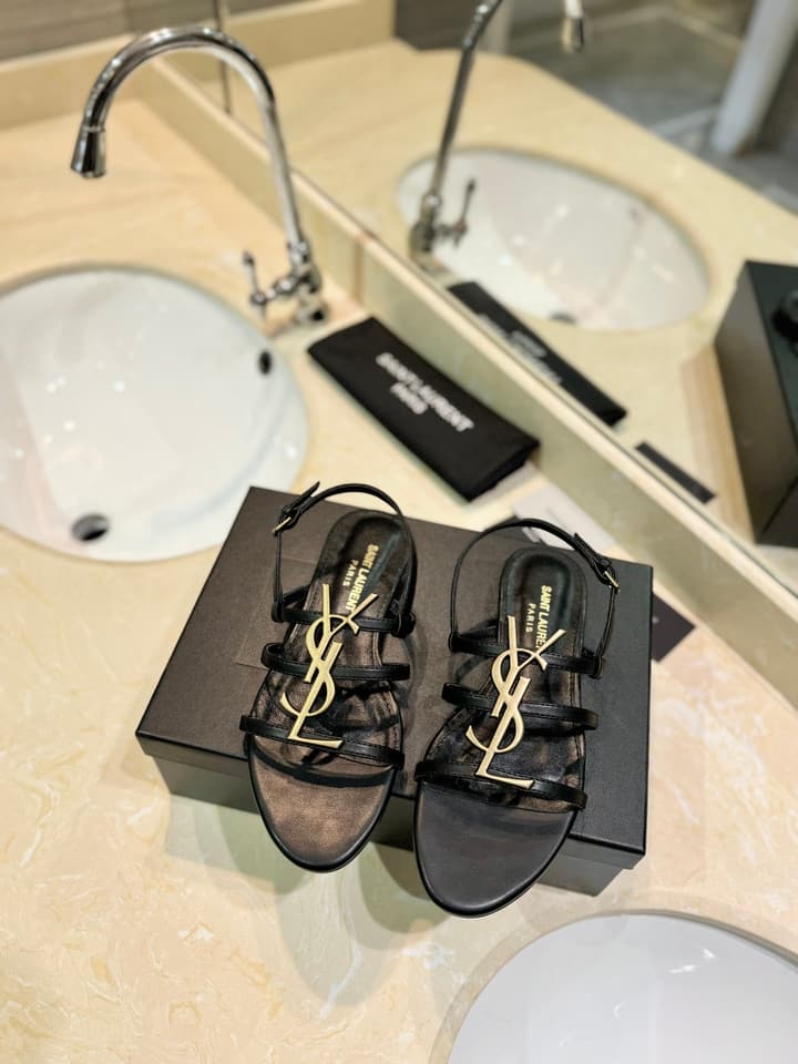 Saint Laurent YSL Metal Logo Heeled Sandals in Matte Black Criss-cross Strap Sandal