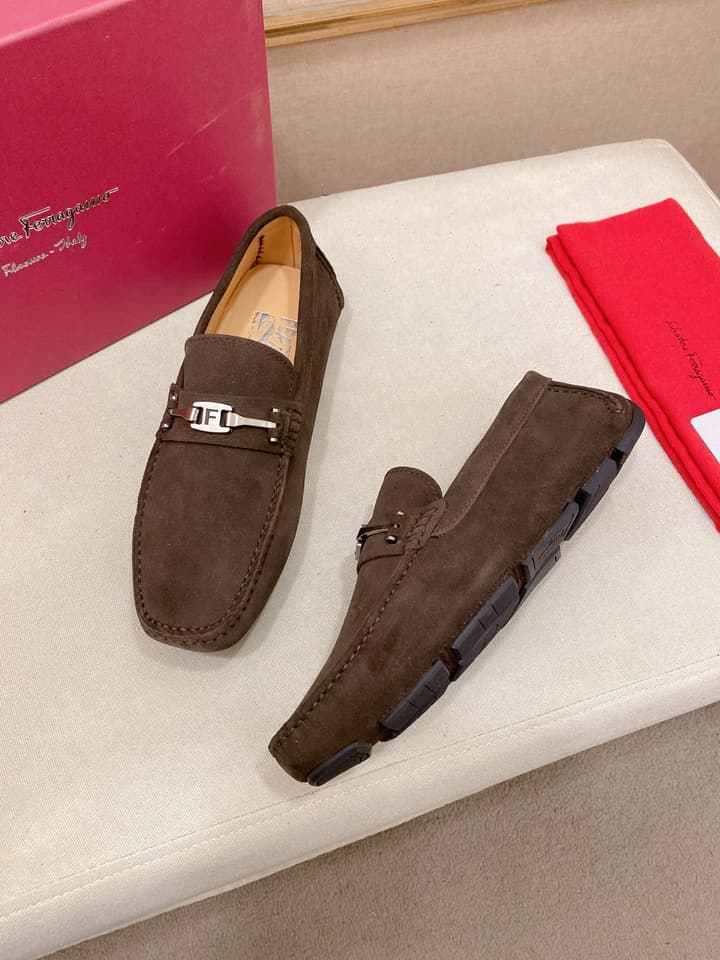 Ferragamo Men's Suede Driving Shoes in Brown Suede