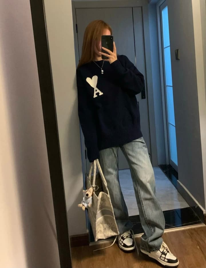 AMI Paris Heart Letter Knit Sweater in Deep Navy Blue