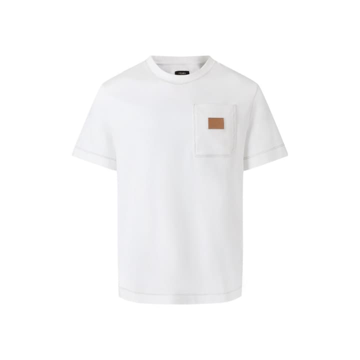 Fendi Leather Patch Contrast-Stitch T-Shirt in White
