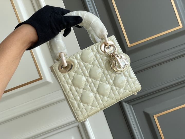 Dior Lady Dior Three-Grid Patent Leather Shoulder Bag in Black Patent With Silver Hardware