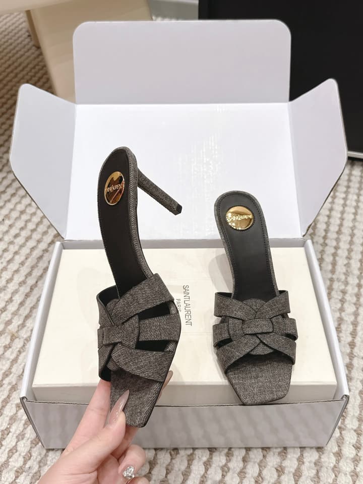 Saint Laurent Melody Square-Toe Heeled Sandals – 2026 Spring/Summer Collection in Beige Patent