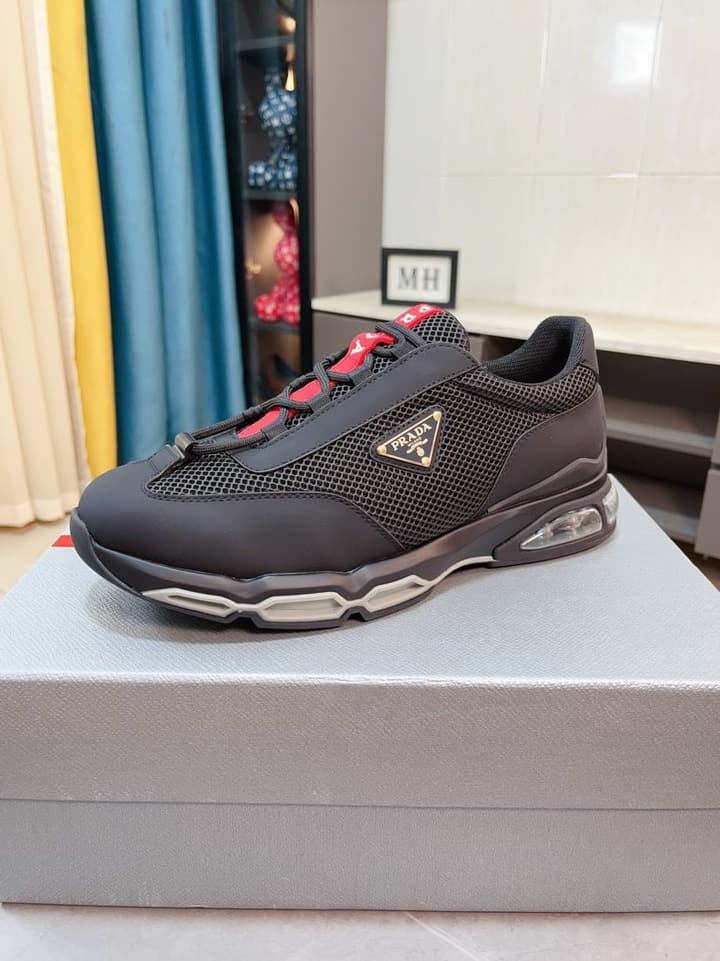 Prada Men's Air Cushion Sneakers in Cream And Black Panel