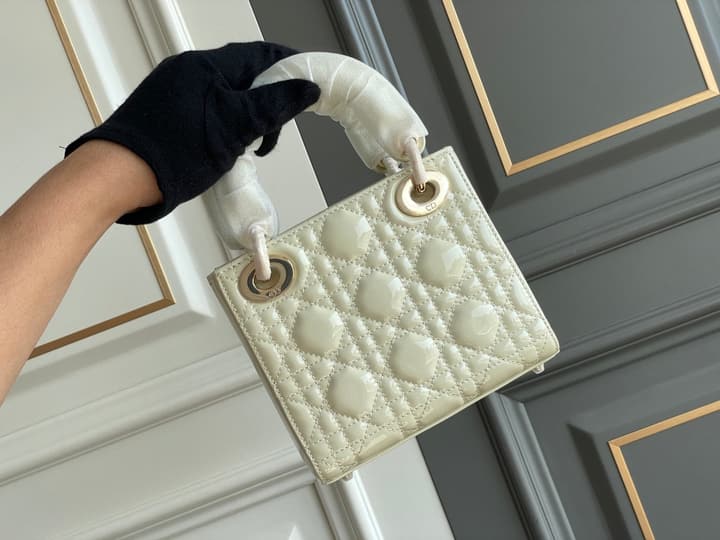 Dior Lady Dior Three-Grid Patent Leather Shoulder Bag in Black Patent With Silver Hardware