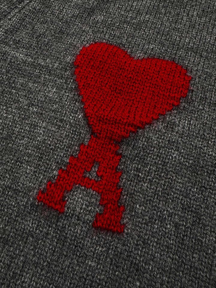 Ami Paris Heart Jacquard Merino Cardigan in Graphite Gray With Red Heart Logo