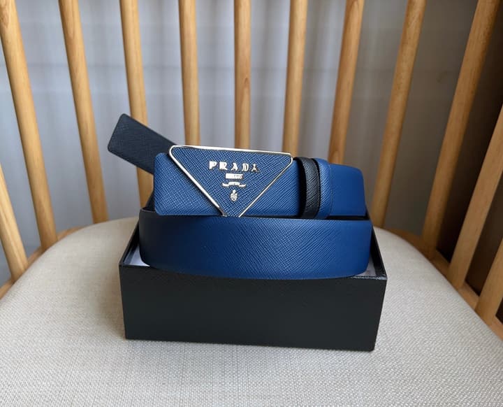 Prada Triangle Logo Buckle Belt in Black Textured Leather With Black Buckle