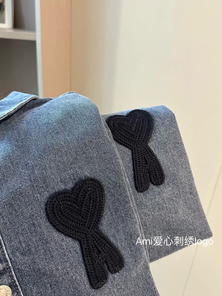 AMI Paris Heart Embroidery Distressed Denim Jacket in Distressed Blue Denim