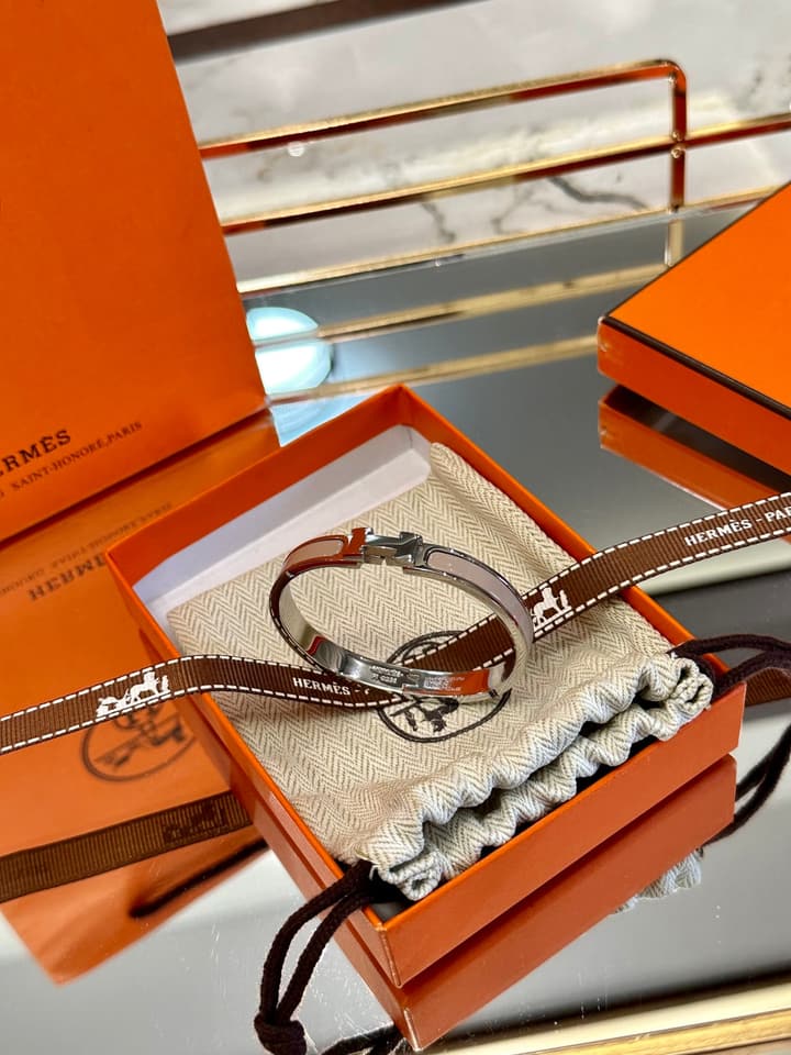 Hermès H-Letter Oval Series Bracelet in Light Blue Enamel