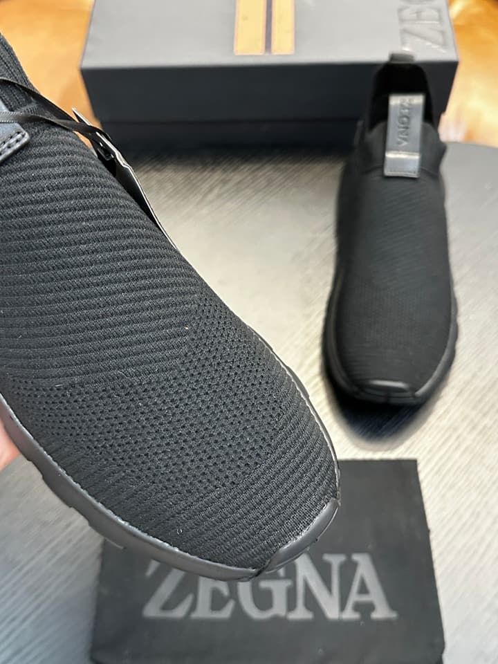 Zegna Techmerino Slip-On Sneakers in Dark Navy With Green Accent