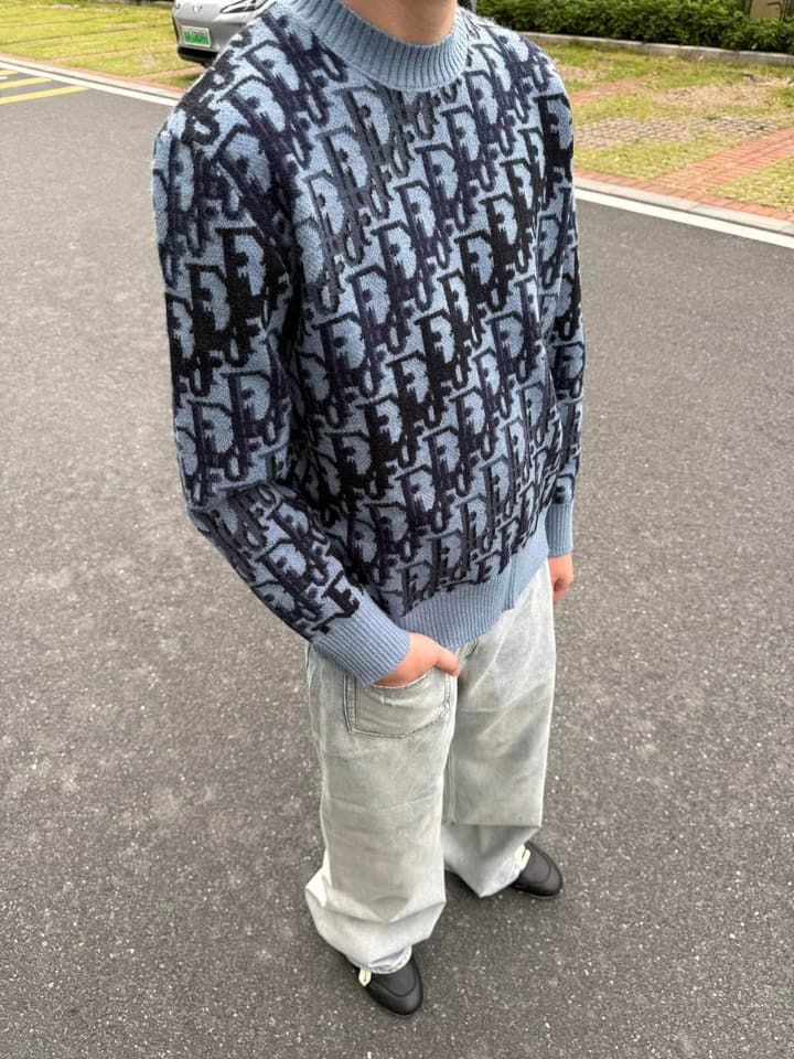 Dior Oblique Jacquard Wool Crewneck Sweater – 2026SS in Navy Oblique With Light Blue Trim