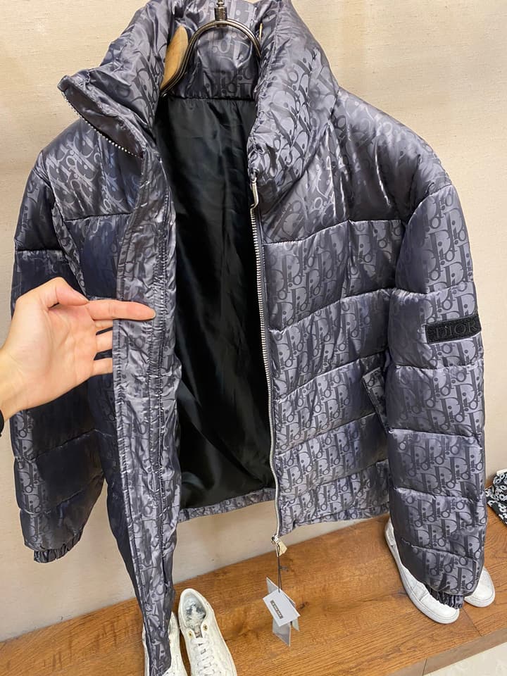 Dior Jacquard Logo Unisex Down Puffer Jacket in Dark Gray Jacquard
