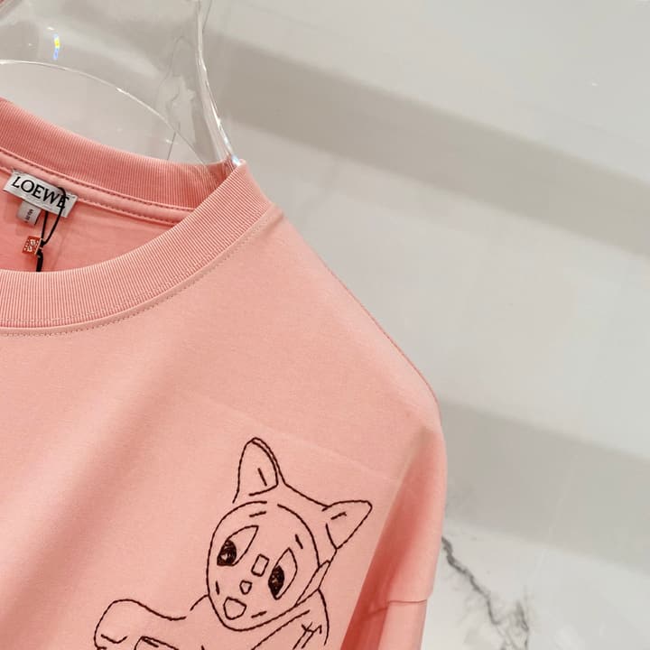 Loewe Cat Embroidery Cotton T-Shirt in Apricot