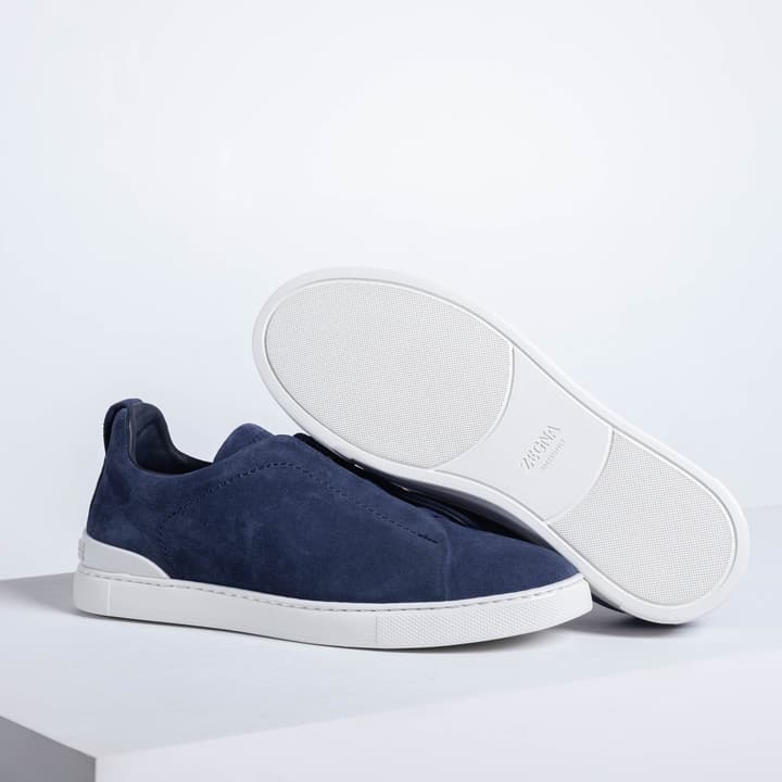 Zegna SECONDSKIN Triple Stitch Low-Top Sneakers in Navy Smooth Leather