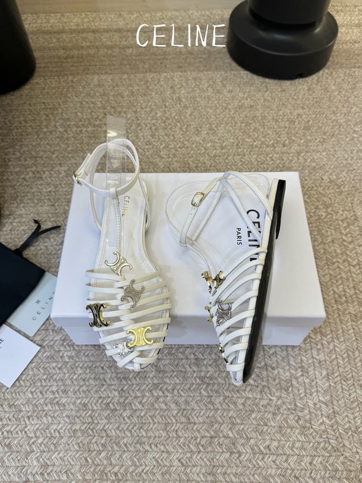Celine Triomphe Ankle Strap Sandals – Spring/Summer Collection in Black - Large Logo Flats