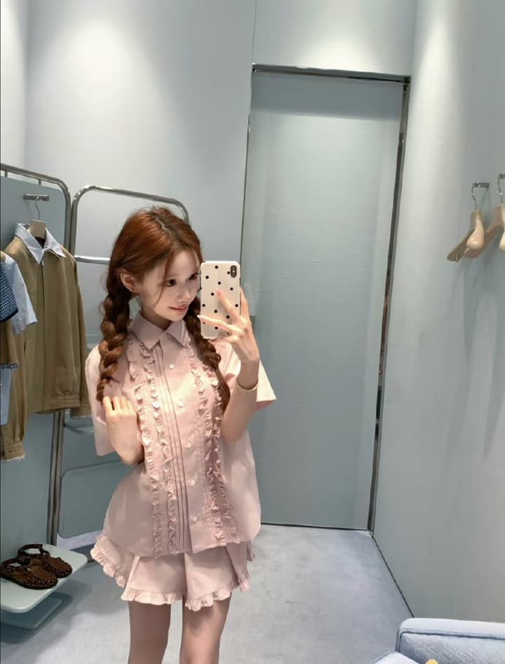 Miu Miu Embroidered Ruffle Shirt and Pleated Skort Set in Pink