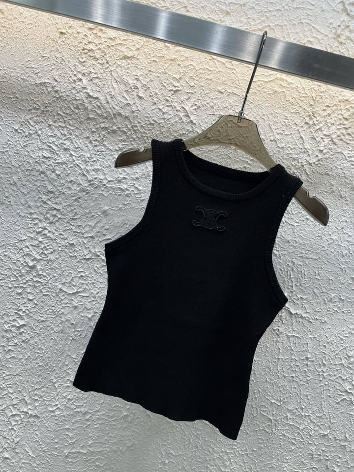 Celine Triomphe Embroidered Crewneck Knit Tank Top in Black