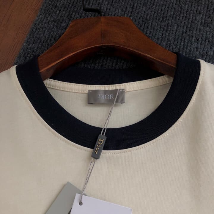 Dior Embroidered Logo T-Shirt – 2026SS in Apricot Ringer With Navy Collar