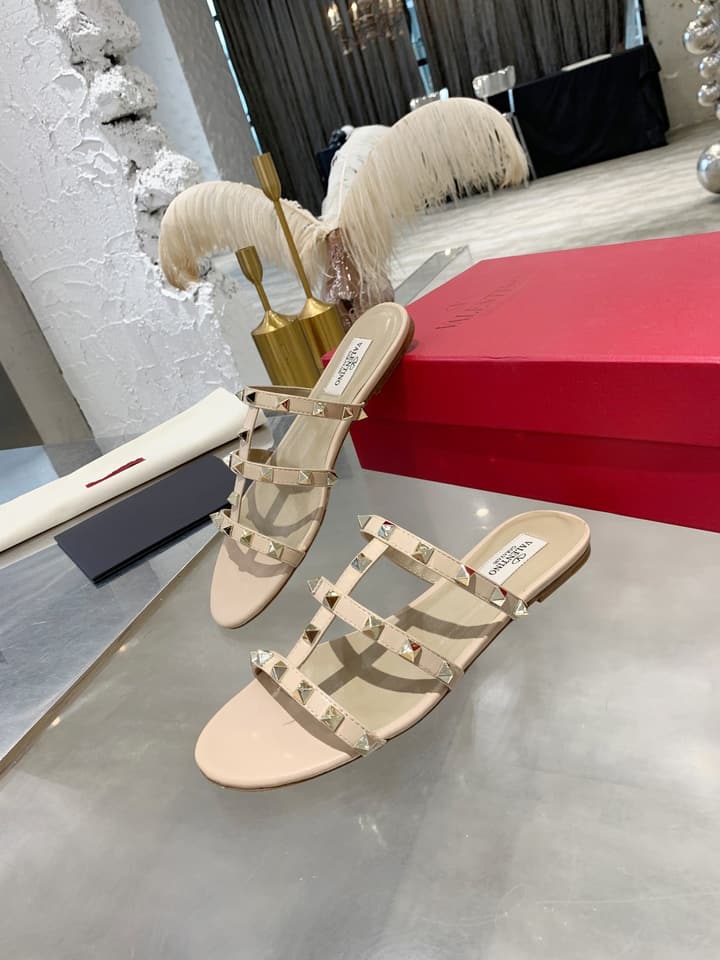Valentino Studded Sheepskin Flat Sandals in Black