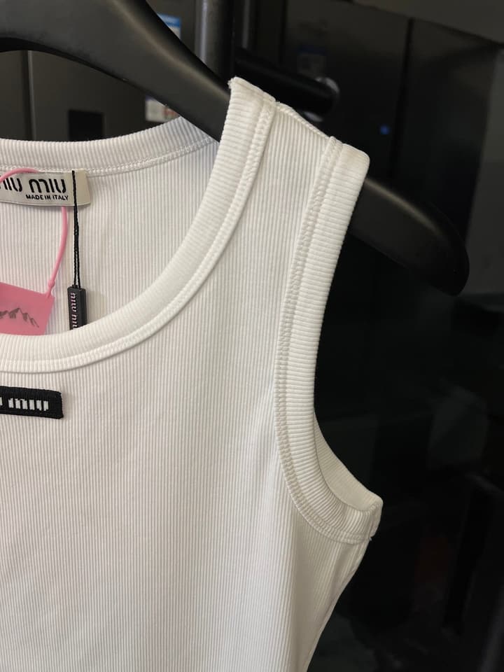 Miu Miu Ribbed Cotton Logo Tank Top – 25SS in Grey