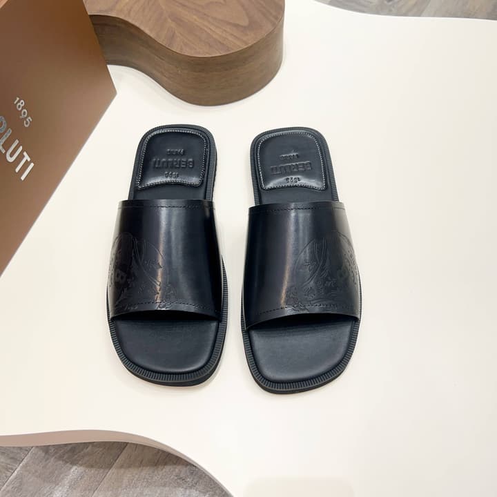 Berluti Hand-Painted Calfskin Slippers in Matte Black