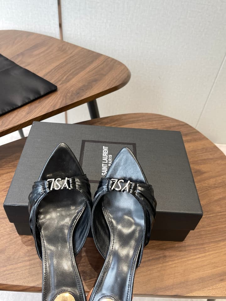 Saint Laurent Pointed Toe Stiletto Heeled Sandals – 26SS in Black - Gold Logo Plaque