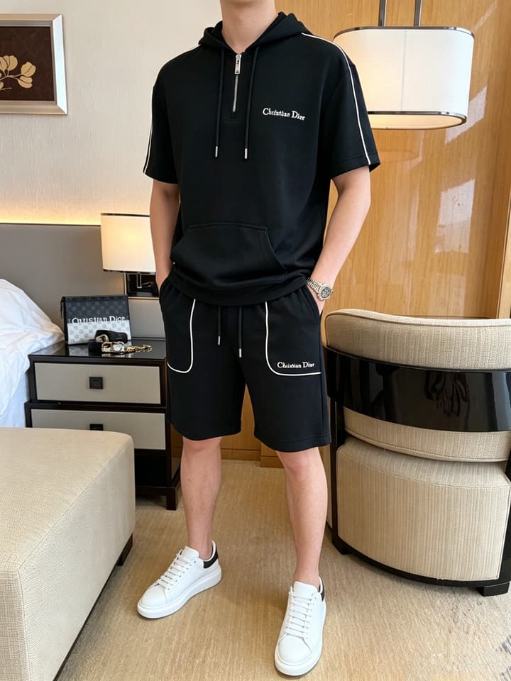 Dior Classic Air Layer T-Shirt and Shorts Set – 2026 Summer Collection in Black Crewneck Oblique Stripe