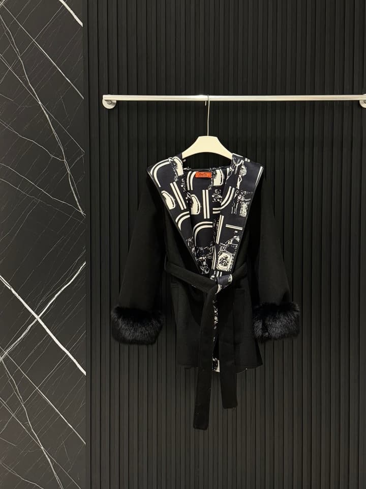 Hermès Old Money Detachable Faux Fur Sleeve Coat in Black With Patterned Reversible Side