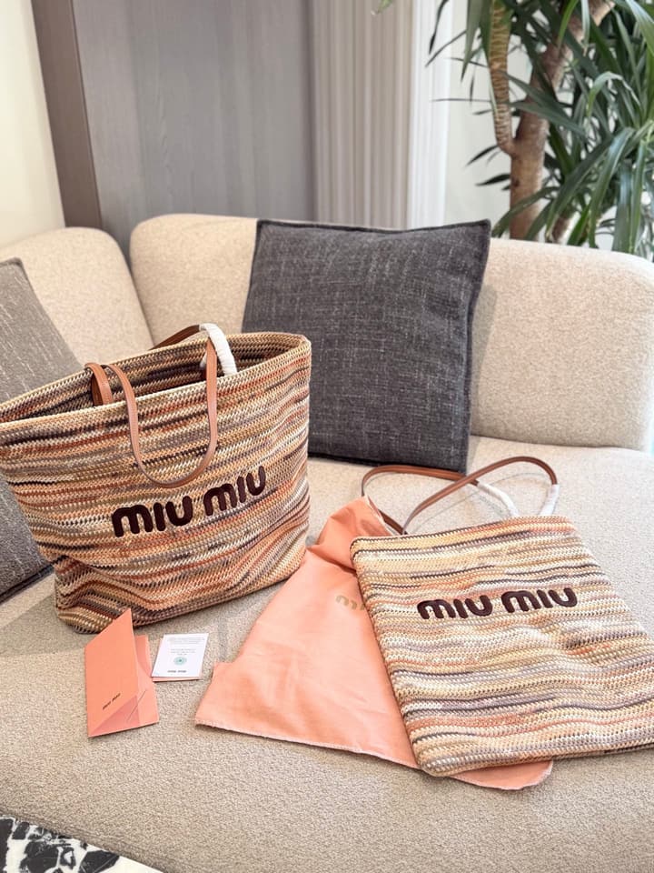 Miu Miu Knit Woven Tote Bag – Vacation Collection in Milk Tea Multi-Color Knit