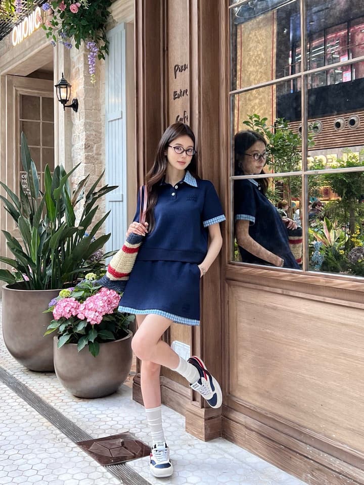 Miu Miu Plaid Polo Skirt Set in Blue