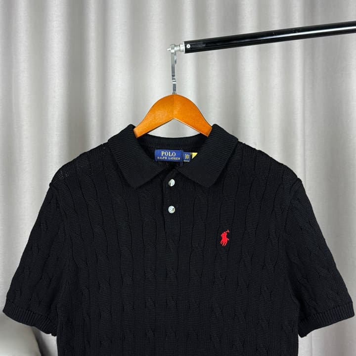 Ralph Lauren Classic Cable Knit Polo Sweater in Black