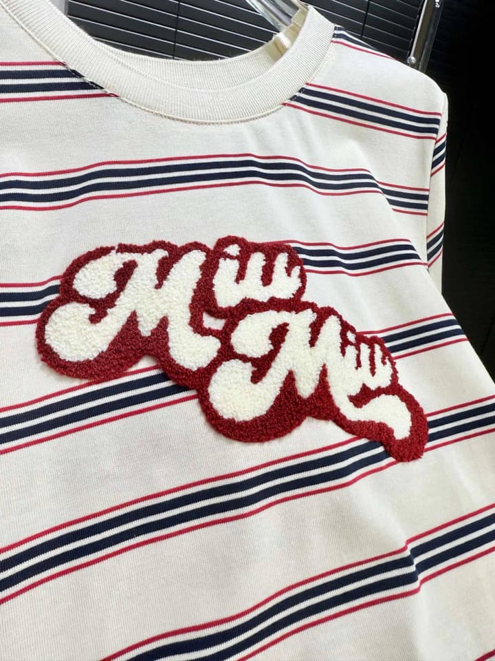 Miu Miu Embroidered Striped T-Shirt in Cream Striped