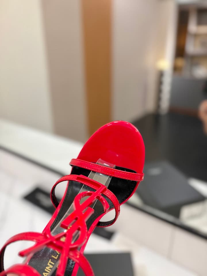 Saint Laurent YSL Logo Mirror Leather Heeled Sandals in Black With Black Logo
