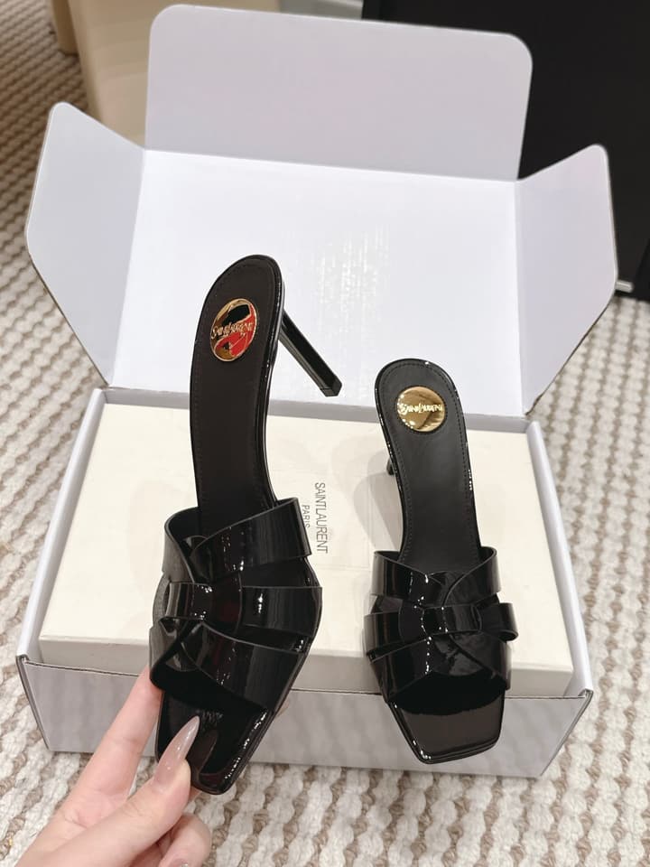 Saint Laurent Melody Square-Toe Heeled Sandals – 2026 Spring/Summer Collection in Beige Patent