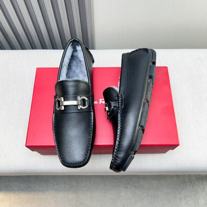 Ferragamo Imported Cowhide Fur-Lined Loafers in Black Patent Leather