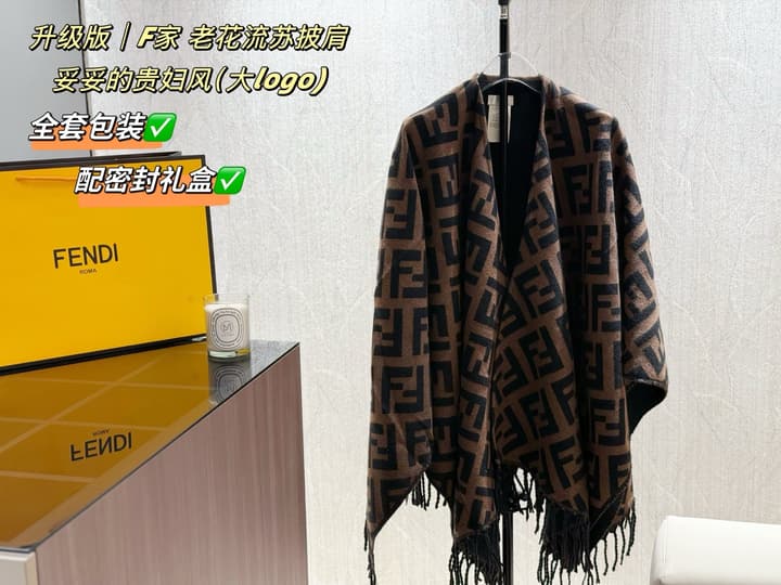 Fendi Monogram Cashmere Shawl in Black And Brown Ff Logo Wrap