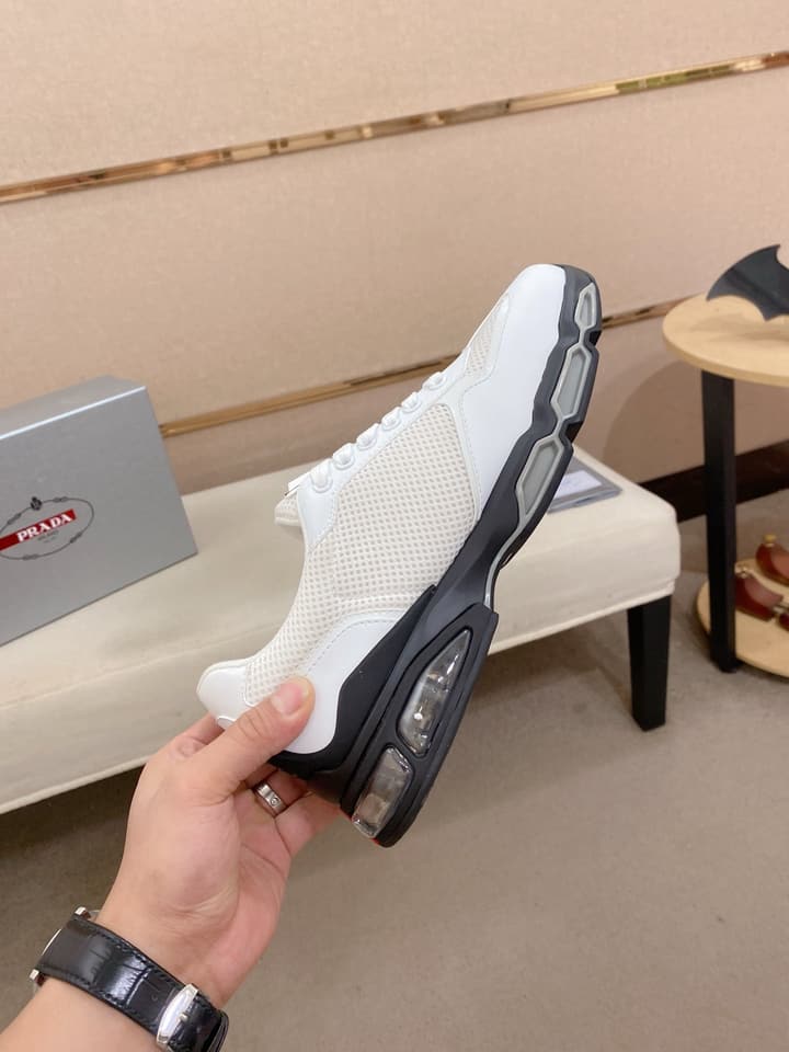 Prada Men's Leather Mesh Sneakers – New Collection in Light Grey With White Logo