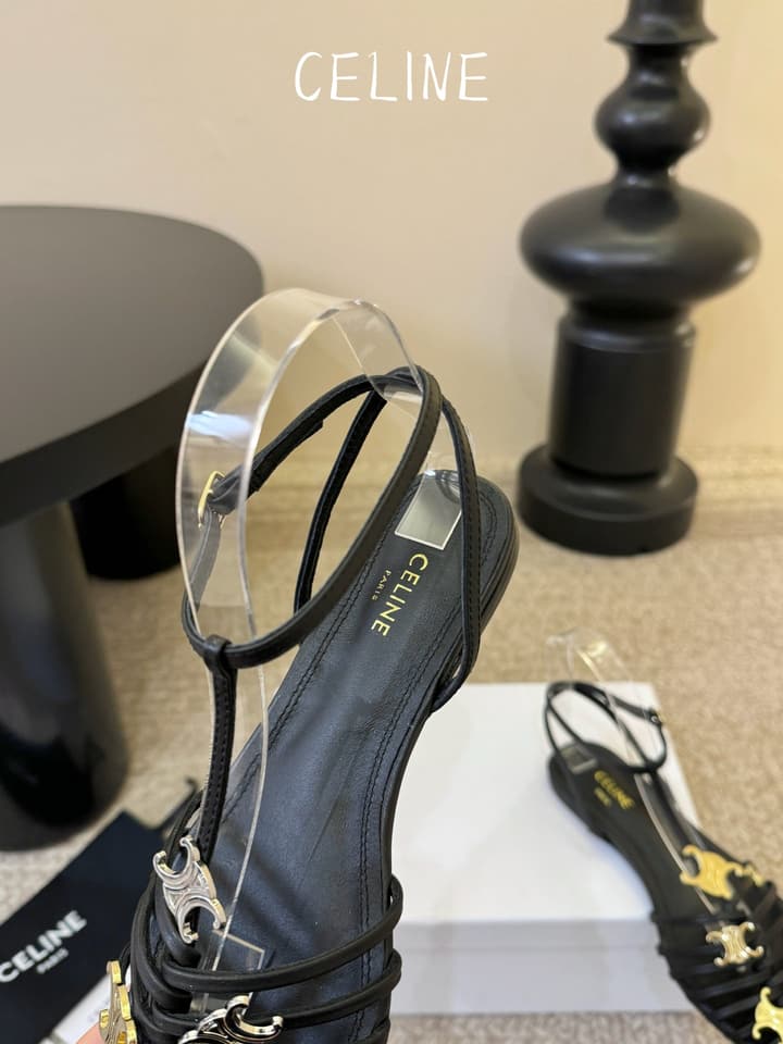 Celine Triomphe Ankle Strap Sandals – Spring/Summer Collection in Black - Large Logo Flats