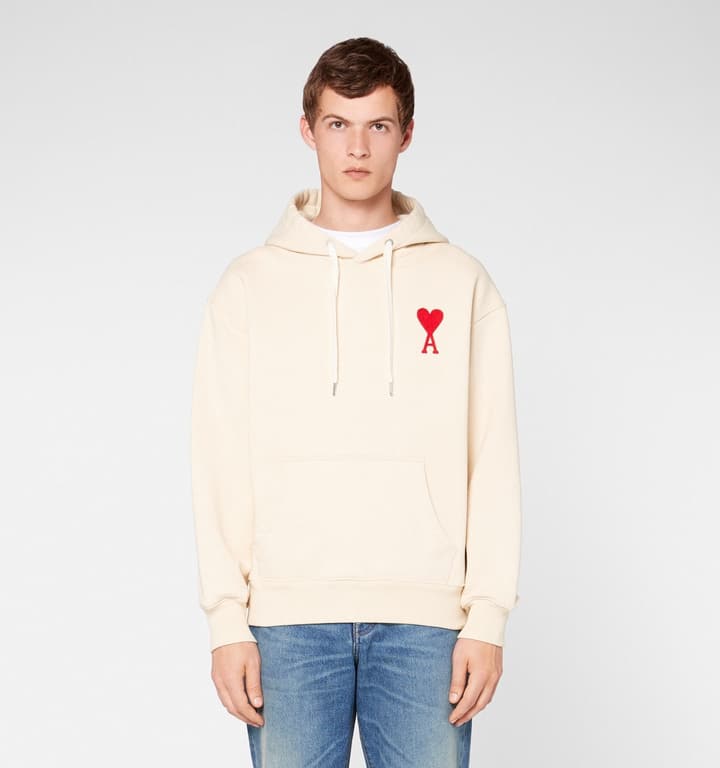Ami Paris Ami De Coeur Heart Embroidery Hoodie in Beige