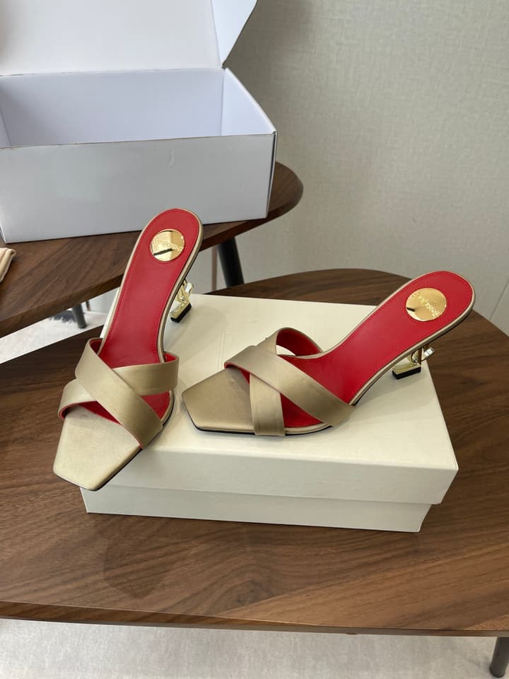 Saint Laurent Opyum Satin Heeled Mules – Early Spring Collection – 26S in Champagne Gold