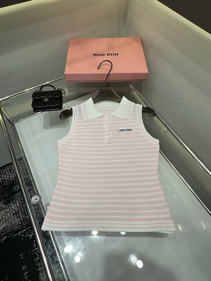 Miu Miu Striped Polo Collar Knit Vest in Pink