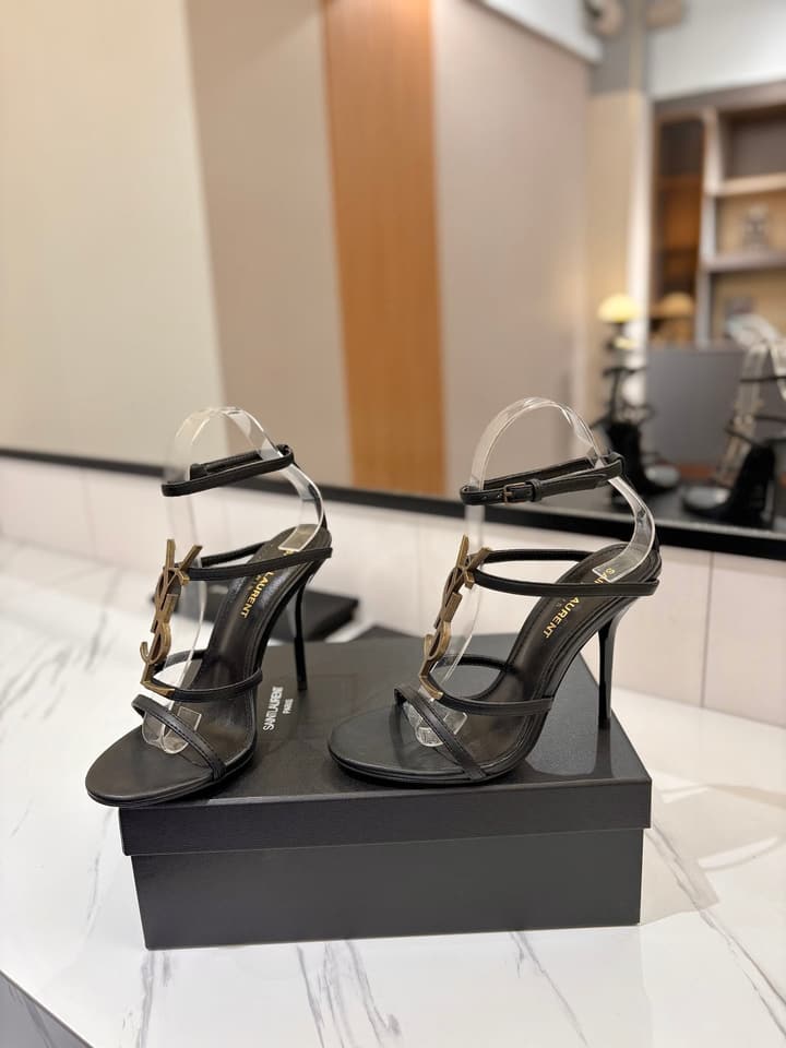 Saint Laurent YSL Logo Mirror Leather Heeled Sandals in Black With Black Logo