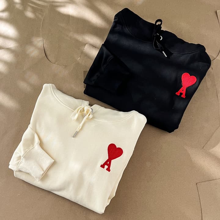 Ami Paris Ami De Coeur Heart Embroidery Hoodie in Beige