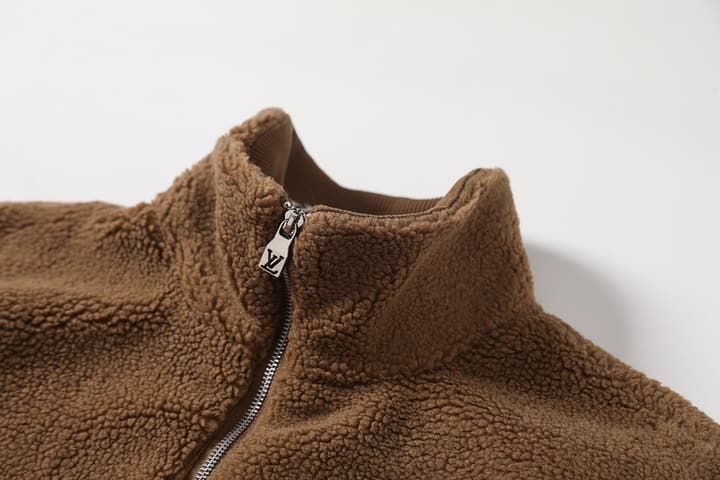 Louis Vuitton Leather Label Jacquard Fleece Jacket – 25FW in Coffee Brown