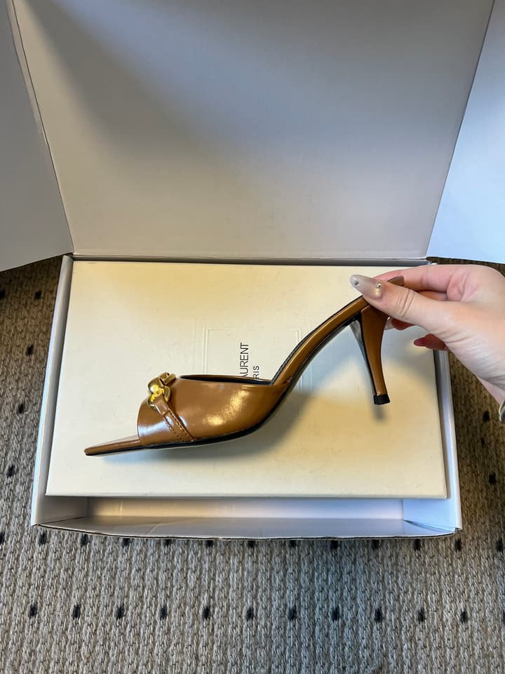 Saint Laurent Chain Pointed-Toe Heeled Mules – 26SS in Beige