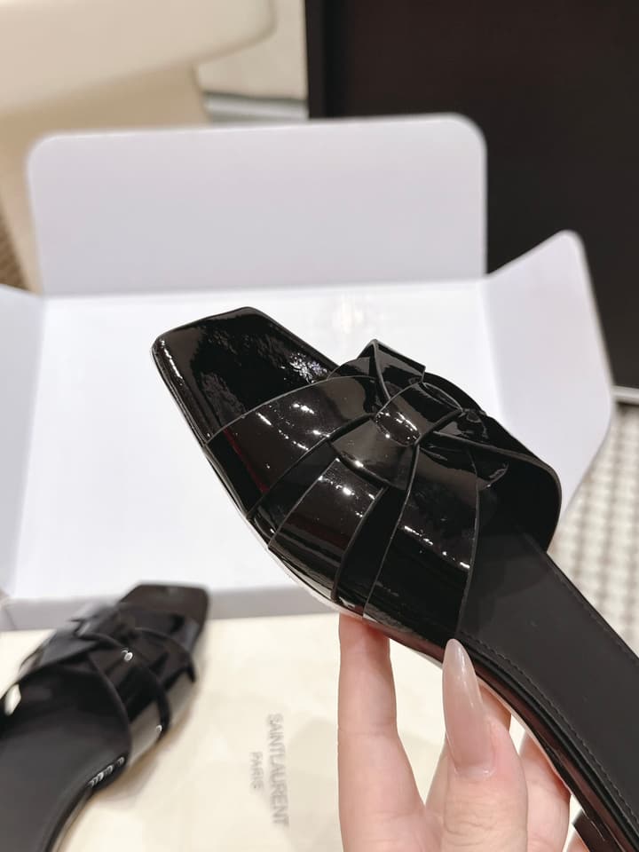 Saint Laurent Melody Square Toe Flat Sandals – 2026SS in Burgundy Patent