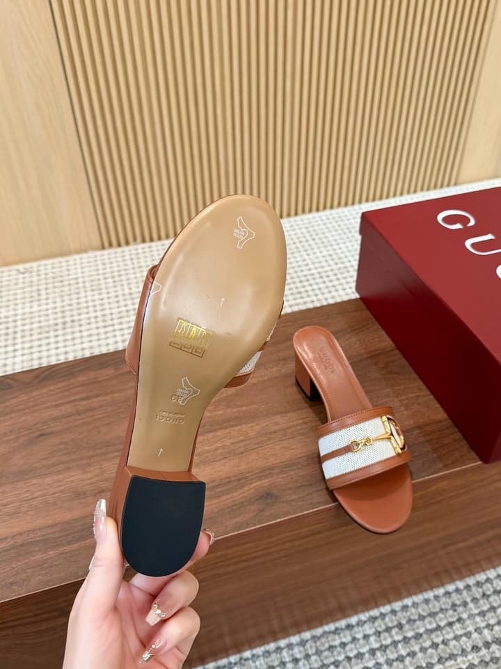 Gucci D-Horsebit Mule Sandals in Brown Gg Canvas