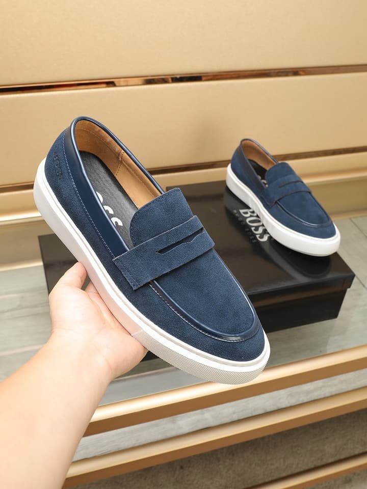 Boss Men's Luxury Leather Slip-On Loafers in Black Smooth Leather