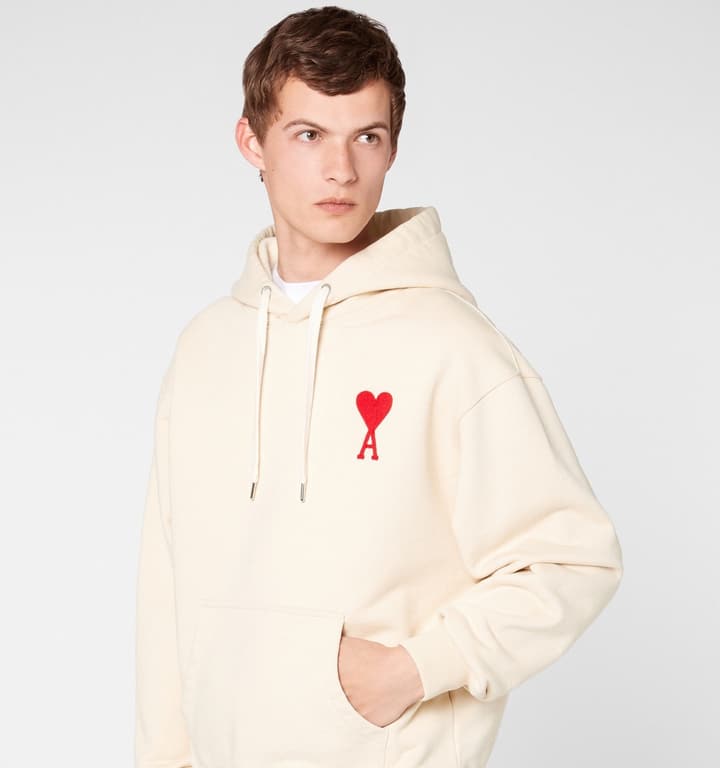 Ami Paris Ami De Coeur Heart Embroidery Hoodie in Beige