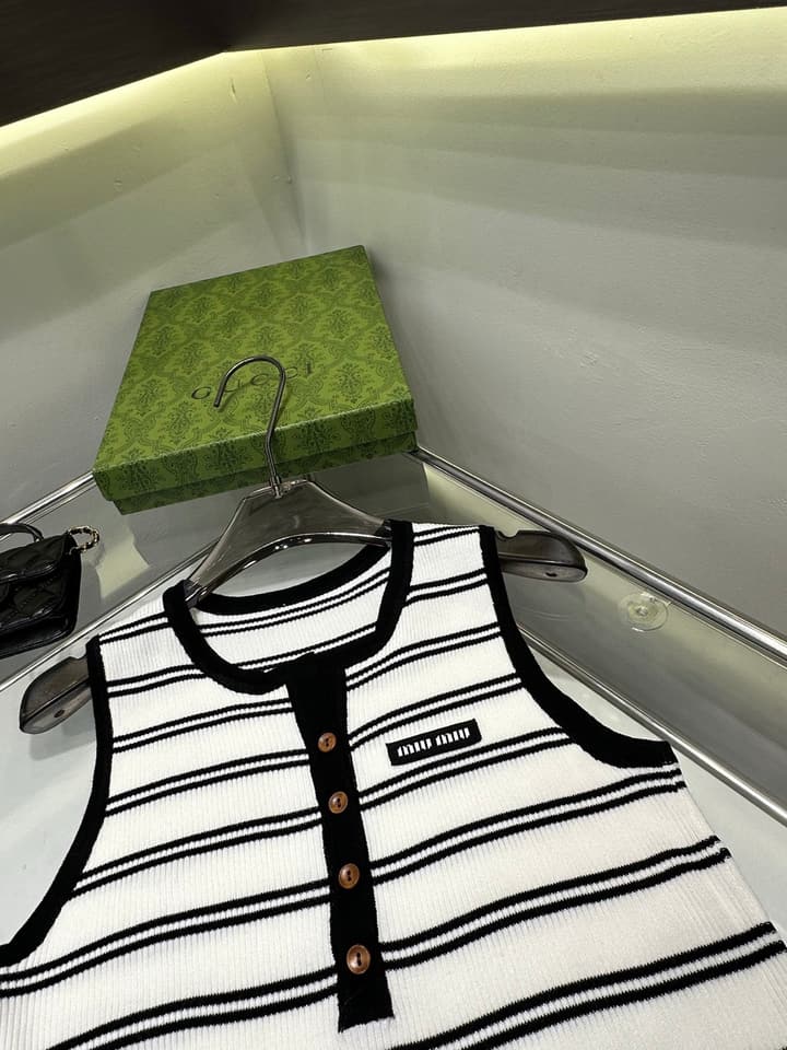 Miu Miu Striped Buttoned Slim-Fit Tank Top in Coffee