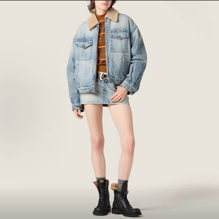 Miu Miu Washed Lambswool Embroidered Denim Jacket in Light Washed Denim With Tan Shearling